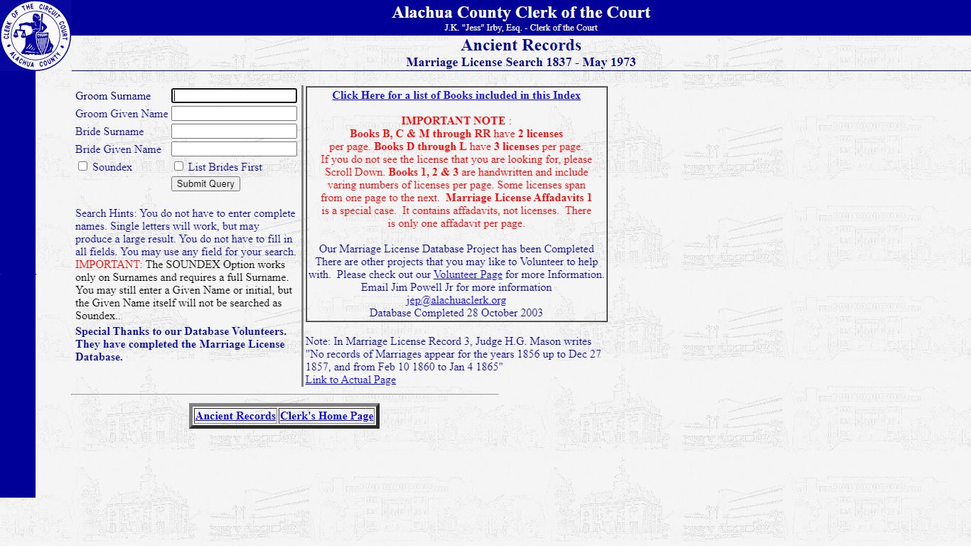 Ancient Records Marriage License Search - Alachua County